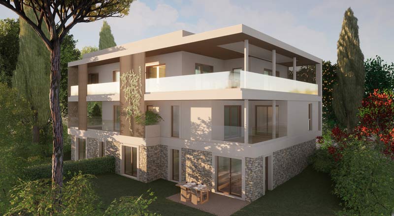 Perspective couché de soleil résidence Valrose avec jardin devant