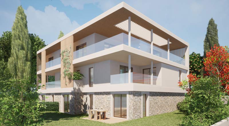 Perspective lumineuse résidence Valrose avec jardin devant, vue éloignée