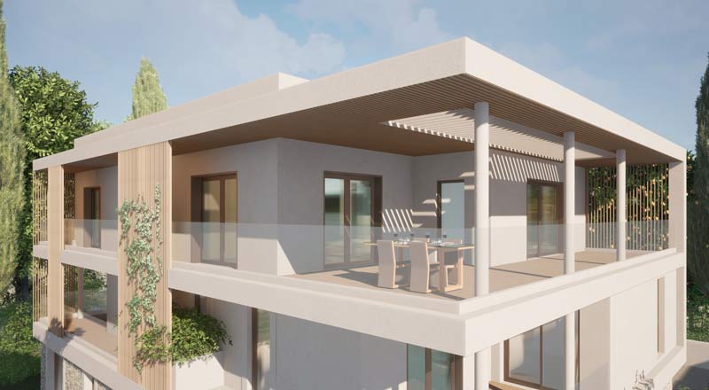 Perspective lumineuse résidence Valrose avec jardin devant, vue rapprochée